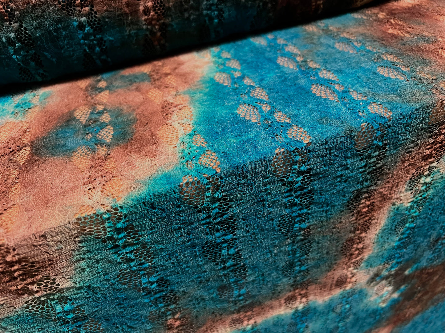 Stretch spandex Lace fabric, per metre - 4 way stretch - tie dye print - turquoise & brown