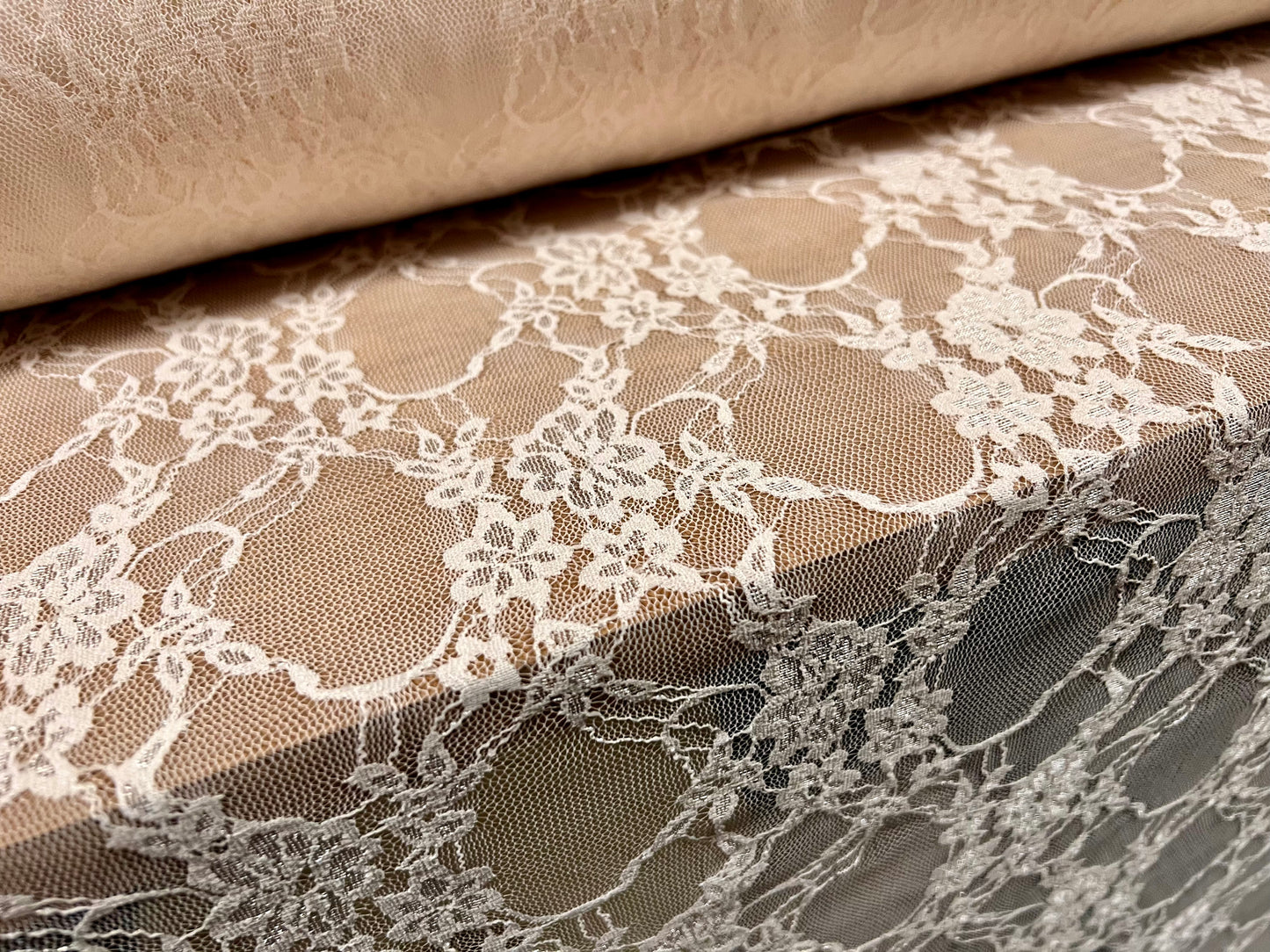 Stretch spandex mesh lace net fabric, per metre - floral design - light nude