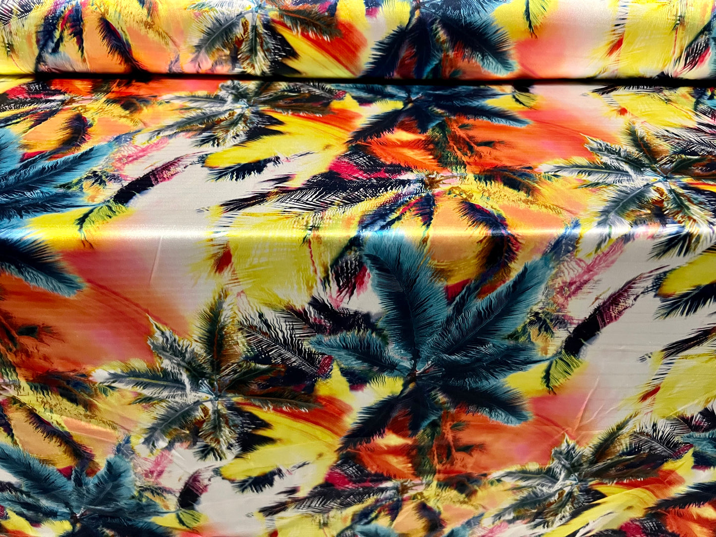 Silky Stretch charmeuse satin dress fabric, per metre - Hawaiian palm trees print - multicolour