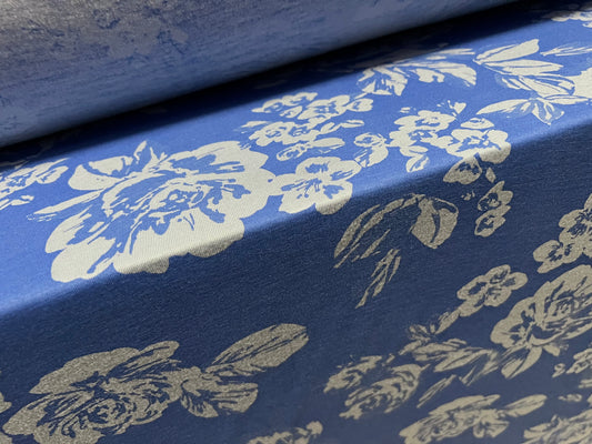 Soft handle stretch single jersey fabric, per metre - rose flower print - blue on blue