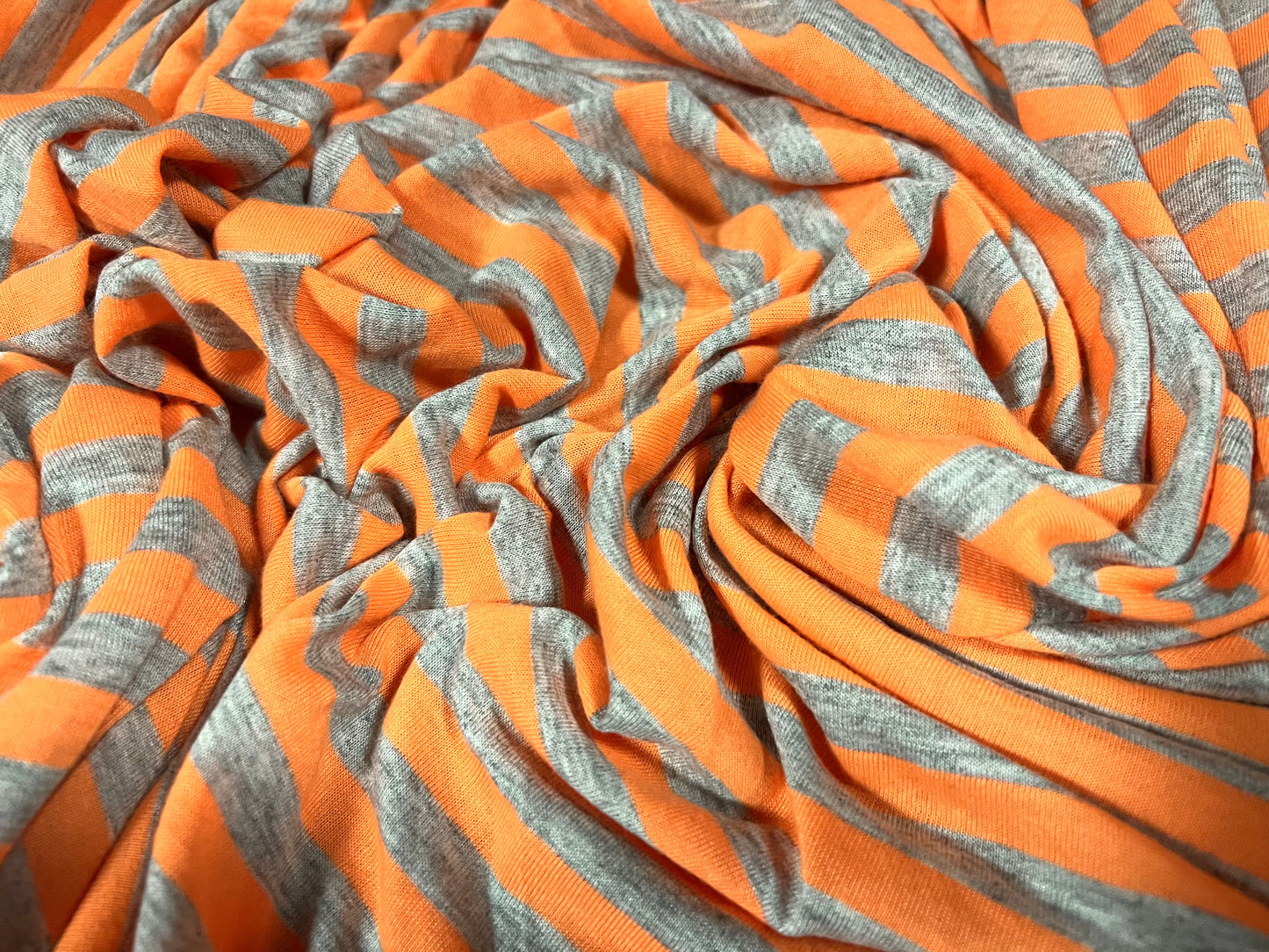 Viscose spandex stretch single jersey fabric, per metre - stripe - bright orange & grey marl