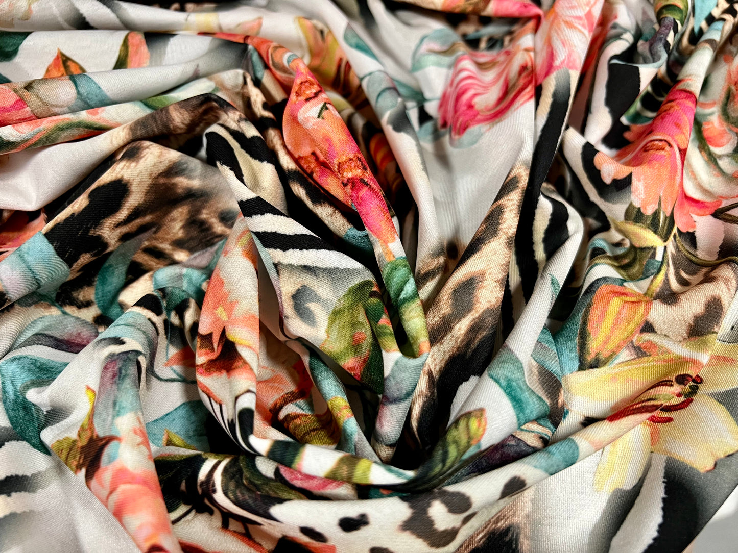 Stretch spandex jersey fabric, per metre - lily flower & animal fusion print