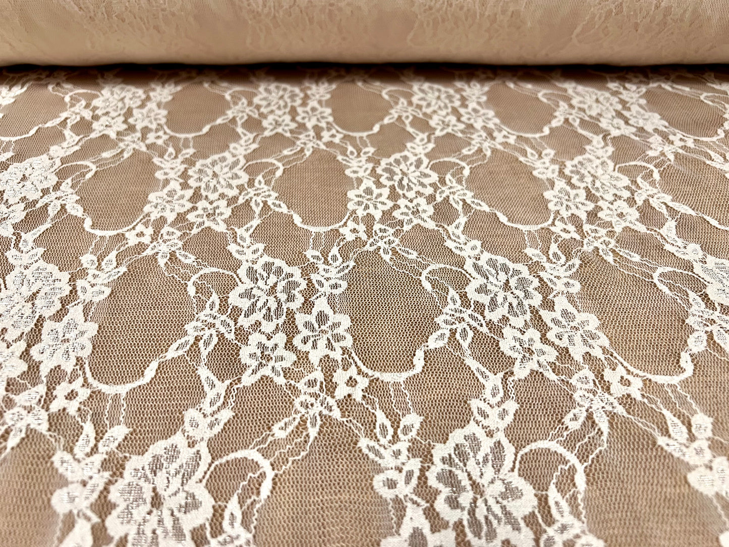 Stretch spandex mesh lace net fabric, per metre - floral design - light nude