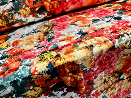 Satin jacquard woven dress fabric, per metre - rose flowers print - pink & orange