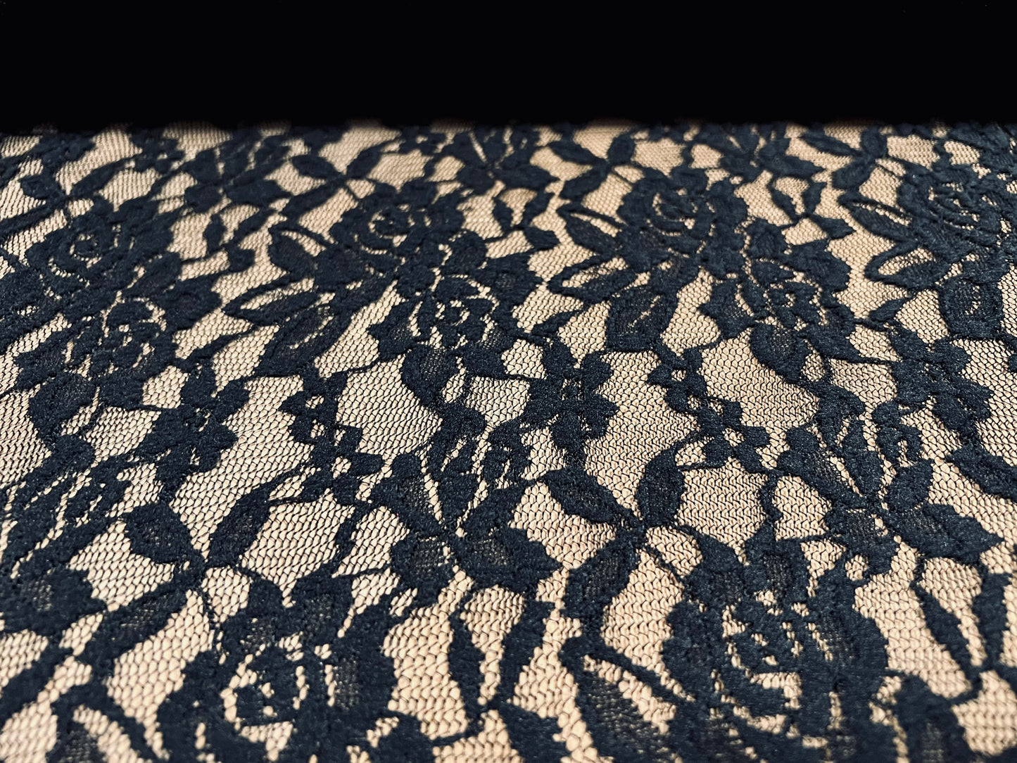 Stretch spandex lace rose floral dress fabric, per metre - scalloped selvedge - black