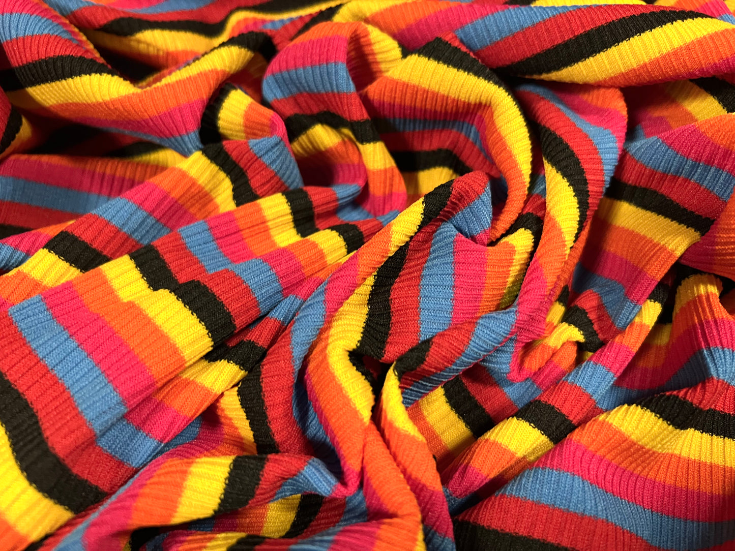 Stretch Spandex rib jersey fabric, per metre - multicolour stripe - red orange yellow & blue