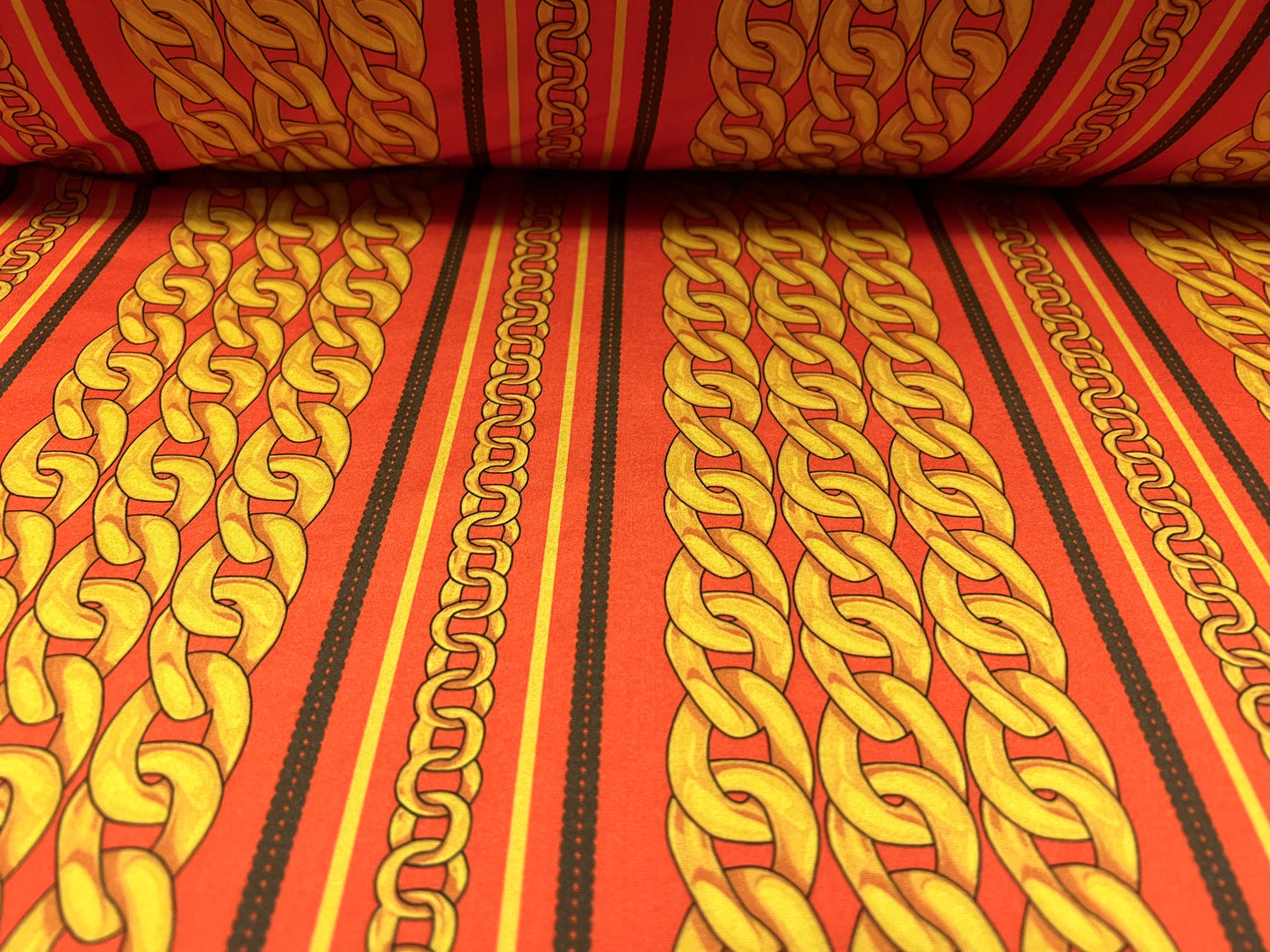 Swimwear stretch spandex jersey fabric, per metre - designer chains print - yellow gold & orange