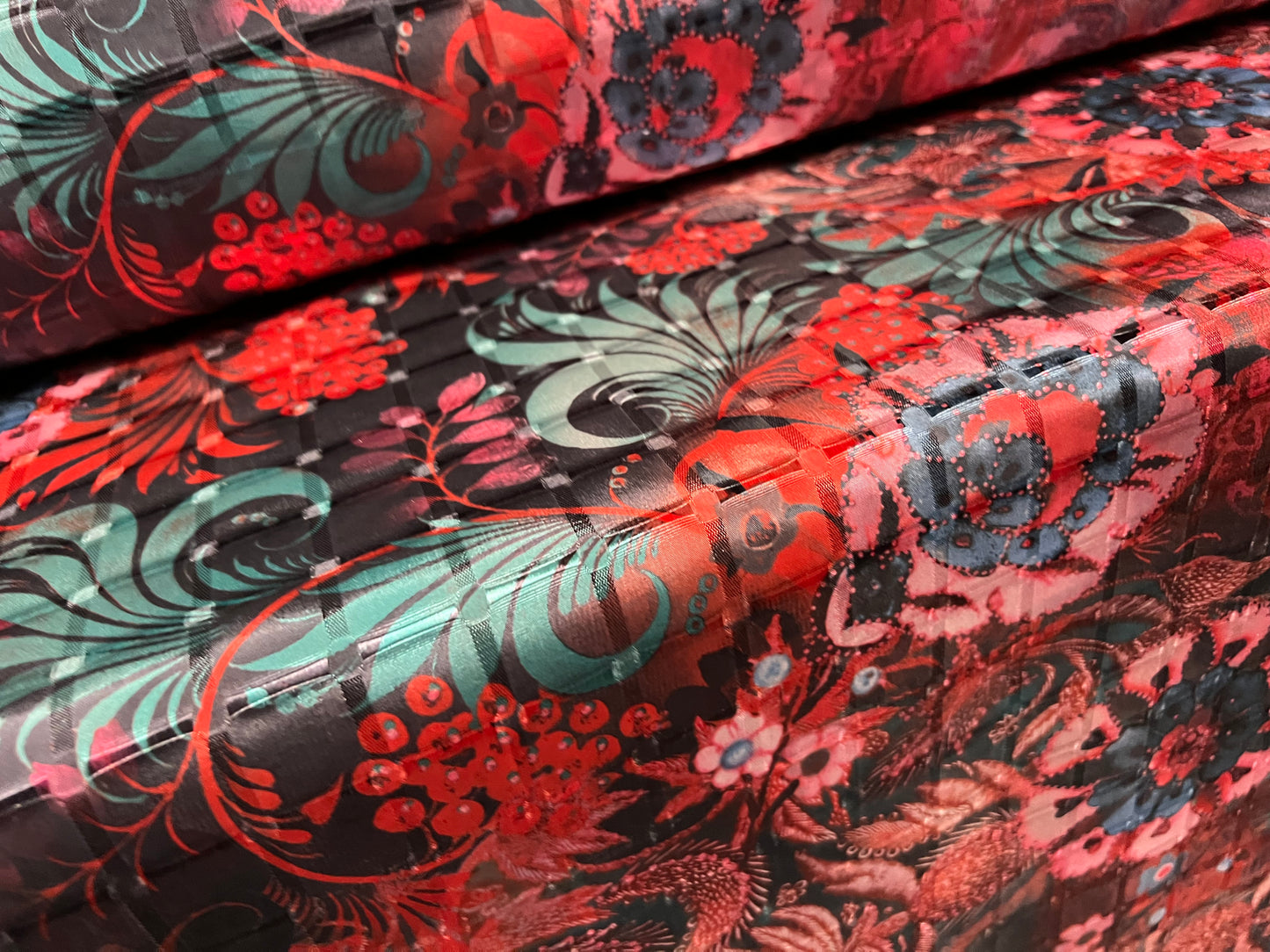 Satin jacquard woven dress fabric, per metre - paisley flourish print - red pink & mint