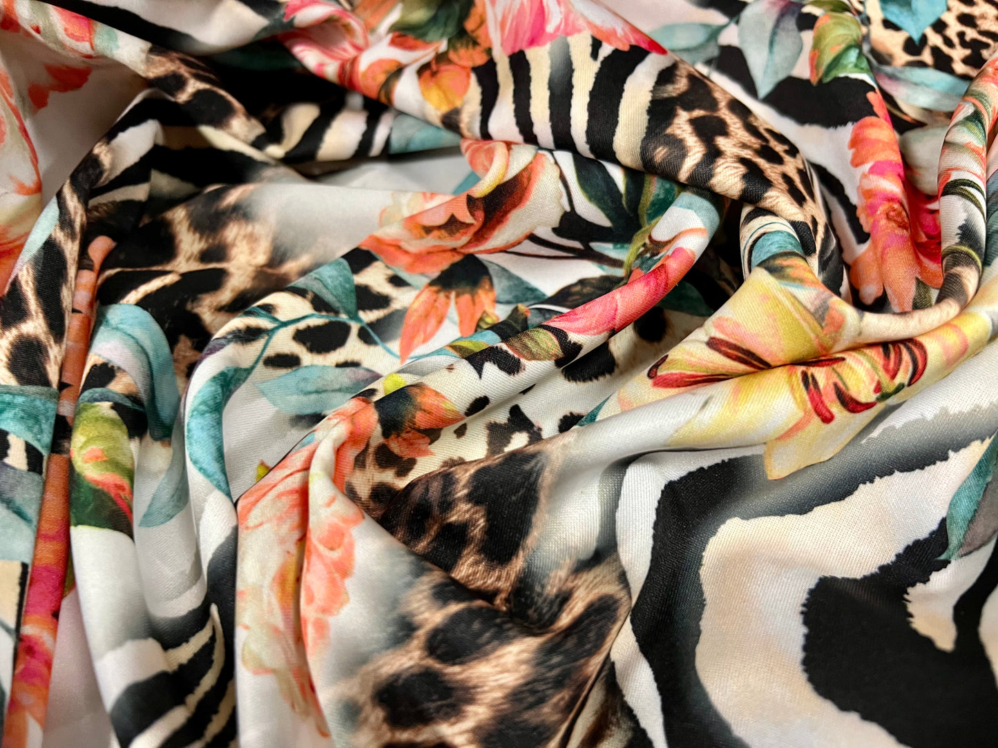 Stretch spandex jersey fabric with crepe back, per metre - lily flower & animal fusion print