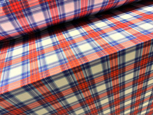 Stretch spandex jersey fabric, per metre - red white & blue watch tartan print