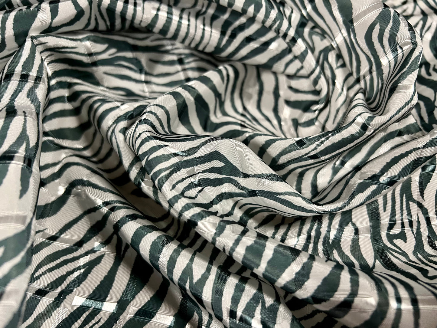 Satin jacquard woven dress fabric, per metre - zebra animal print - zebra animal print - charcoal grey & white