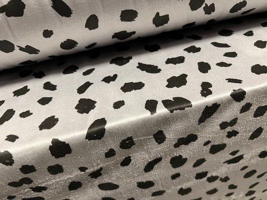 Faux suede stretch spandex jersey fabric, per metre - Dalmatian print - silver grey