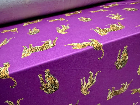 Soft handle stretch single jersey fabric, per metre - cheetah animal print - purple & gold