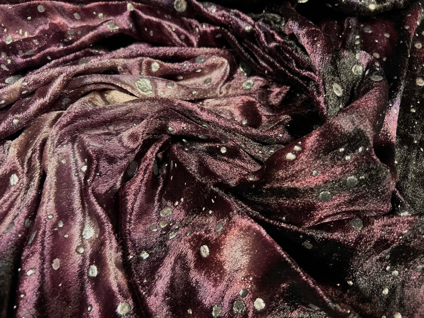 Metallic Velour fabric, per metre - tie dye splash print - purple & silver