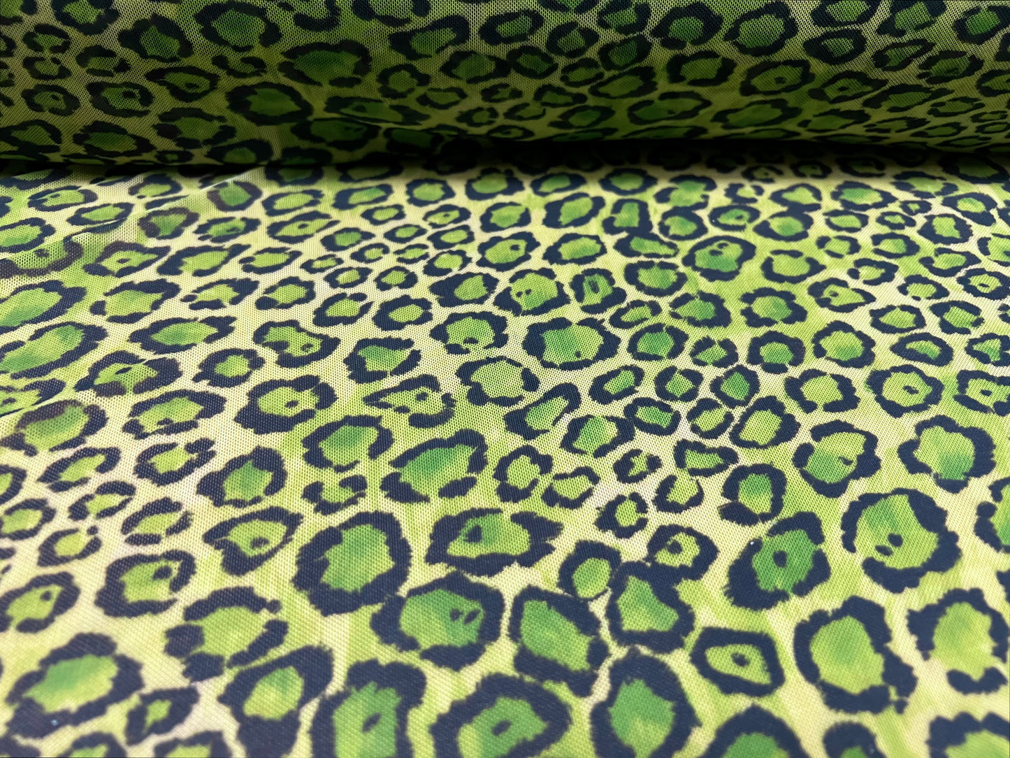 Power mesh net sheer stretch spandex fabric, per metre - cheetah animal print - green