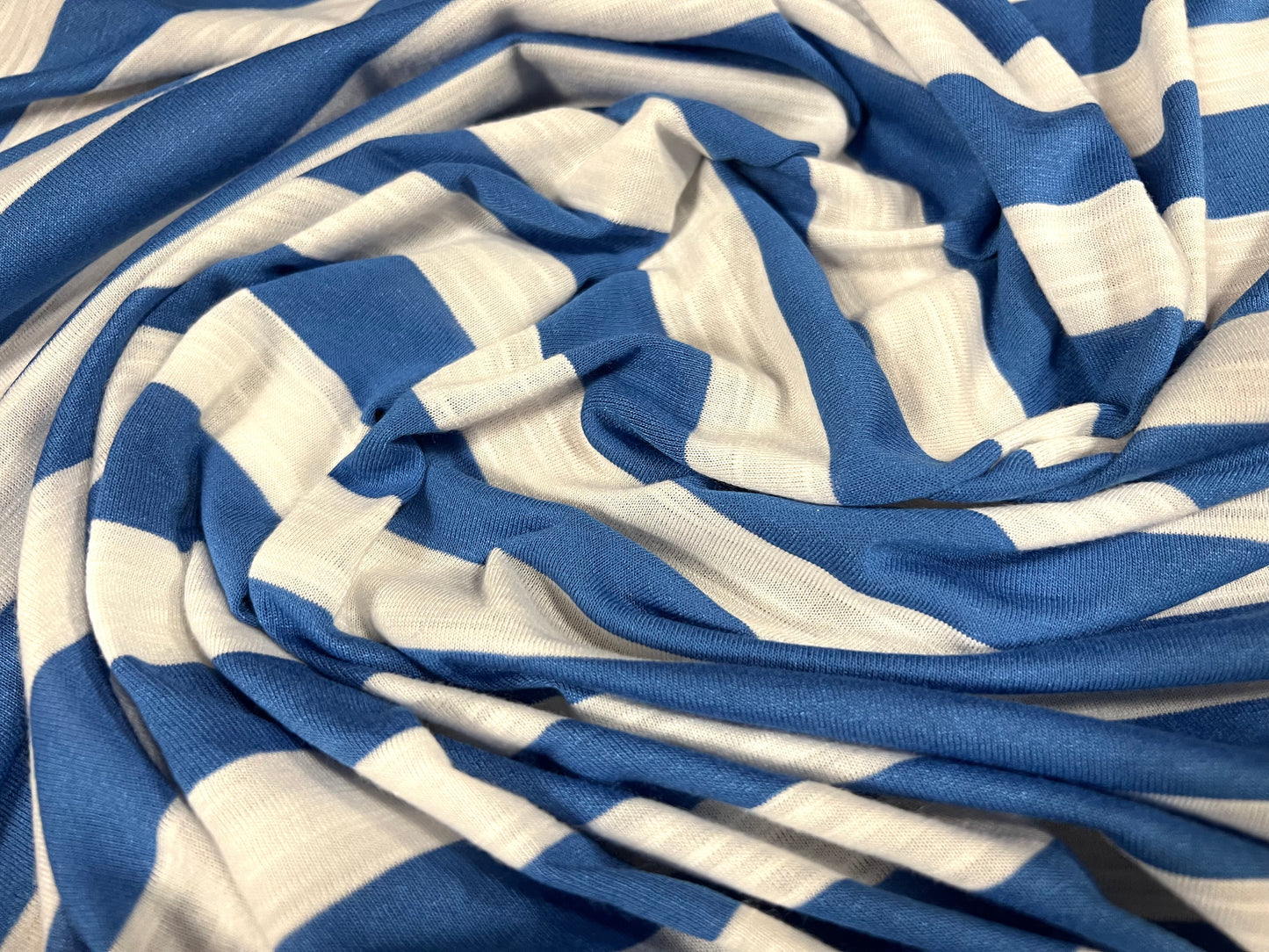 Soft handle slub single jersey fabric, per metre - stripe - blue & white