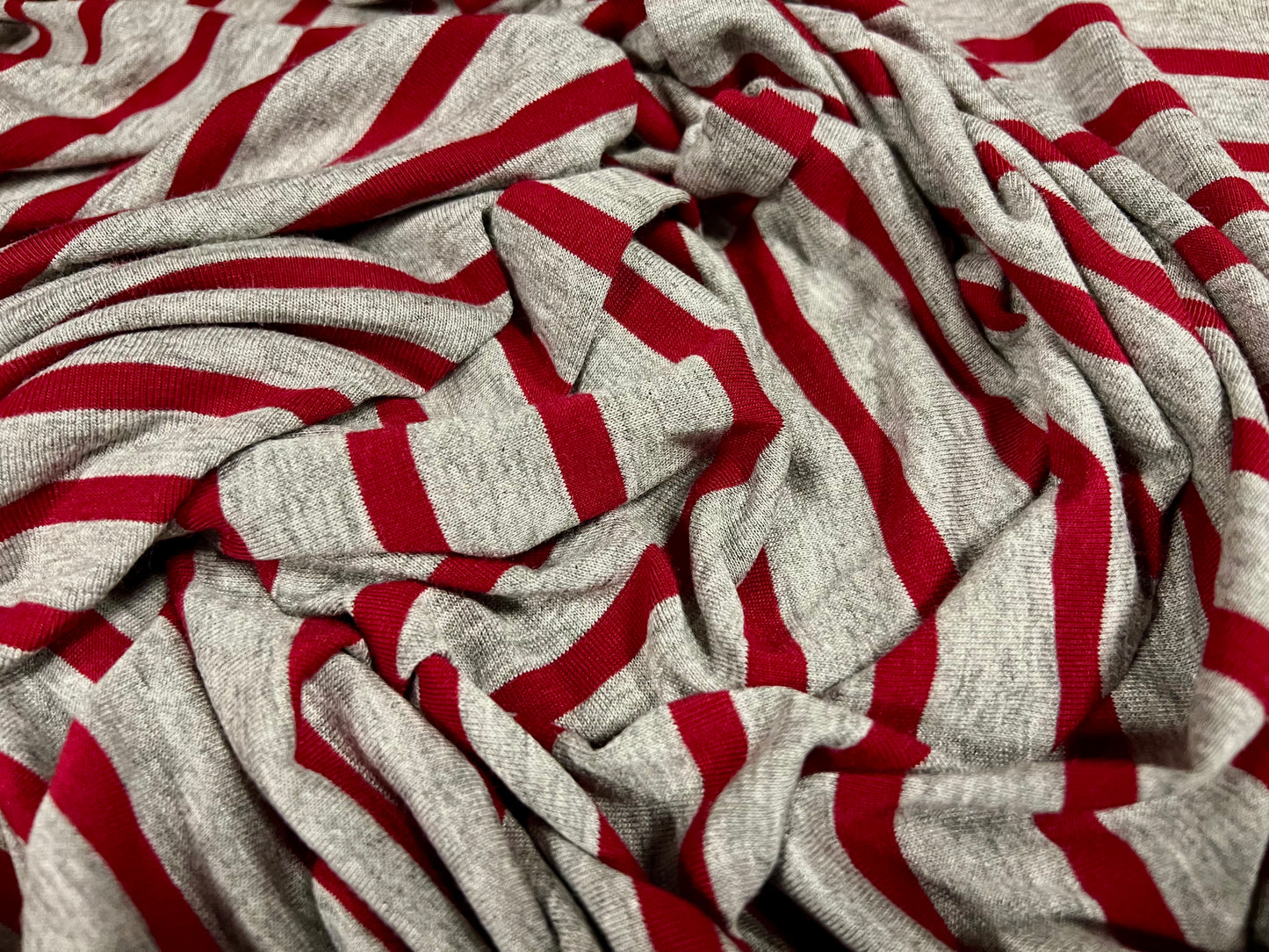 Viscose spandex stretch single jersey fabric, per metre - stripe - winter red & grey marl