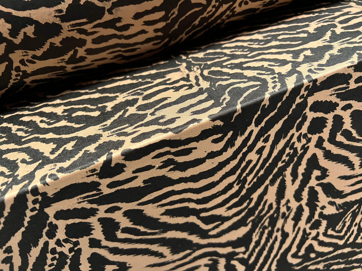 Soft touch stretch spandex single jersey fabric, per metre - zebra animal print - light brown