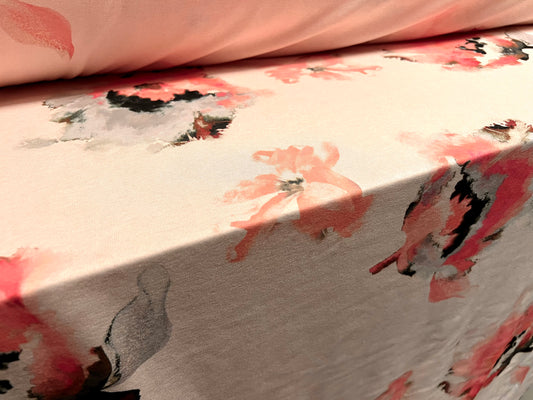 Stretch spandex interlock jersey fabric, per metre - watercolour flower print - blush pink