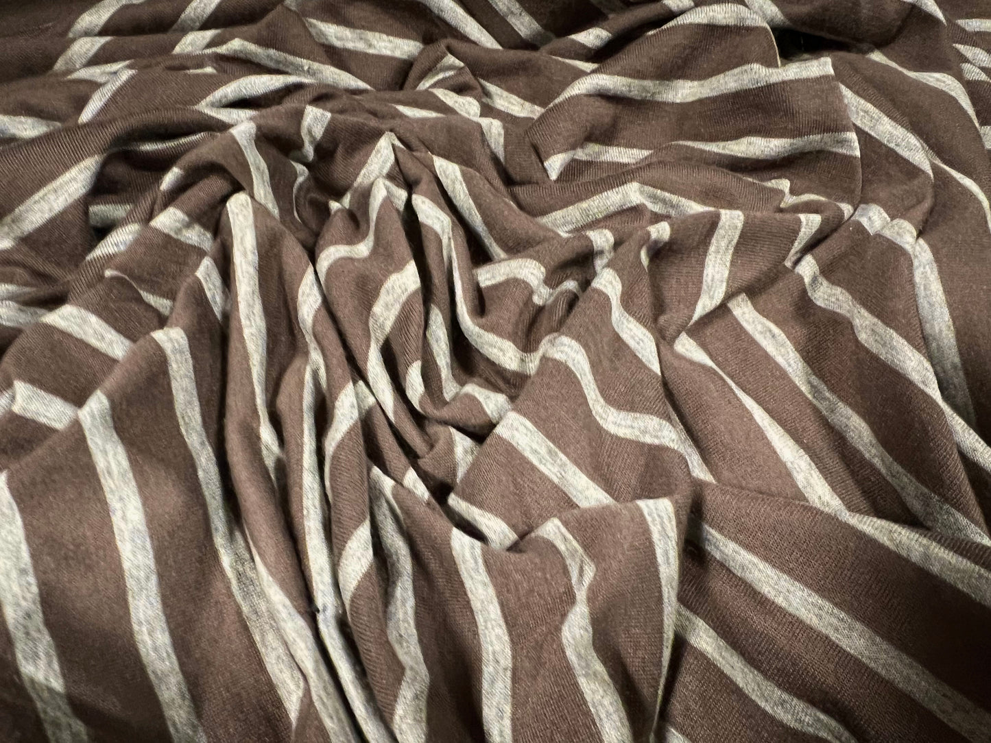 Viscose spandex stretch single jersey fabric, per metre - stripe - khaki brown & grey marl