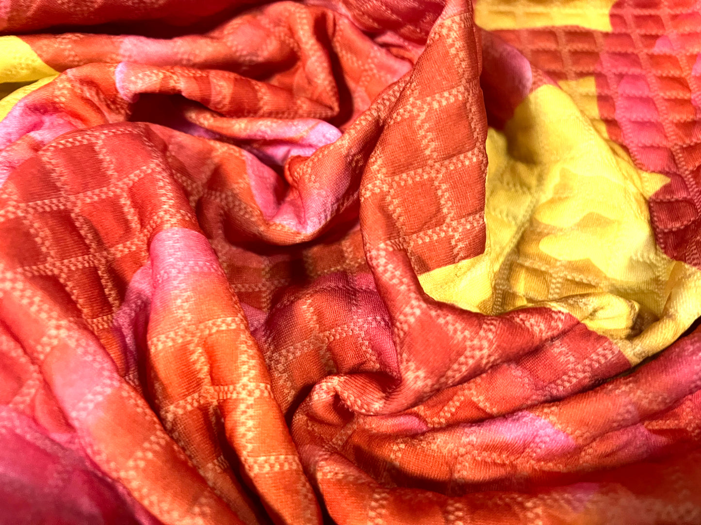 Mock quilted double jersey spandex fabric, per metre - giant rose floral print - pink & yellow