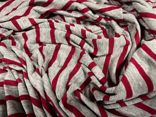 Viscose spandex stretch single jersey fabric, per metre - stripe - grey marl & winter red