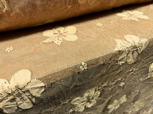 Sheer mesh lace fabric with scalloped selvedge, per metre - large flower design - old gold