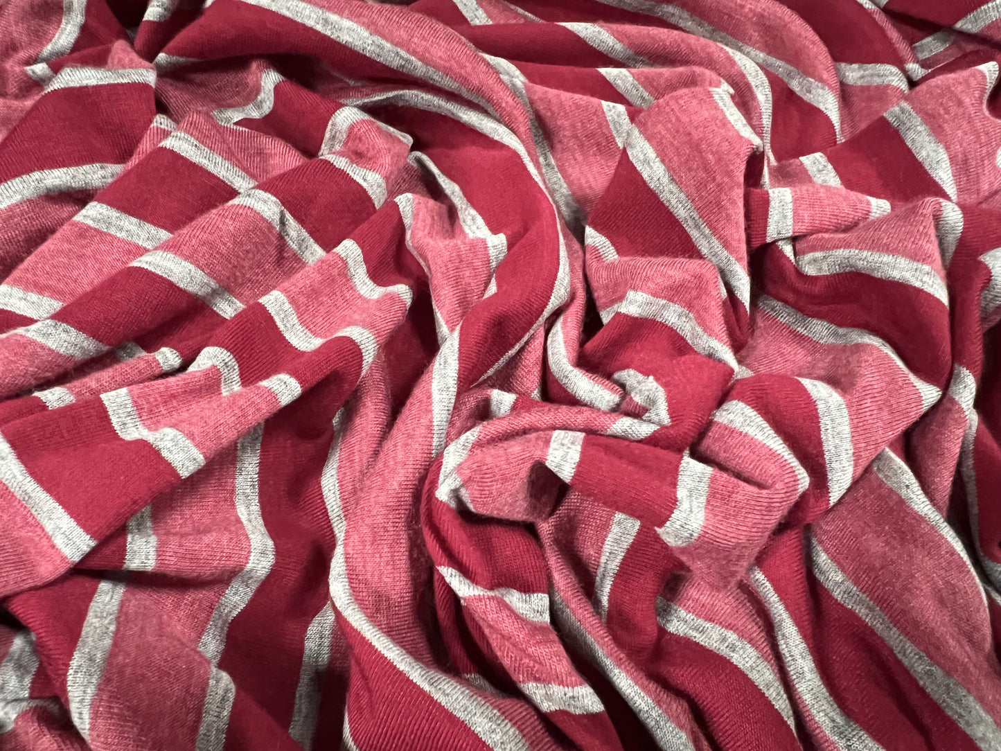 Viscose blend single jersey fashion fabric, per metre - stripe - wine, pink & grey marl