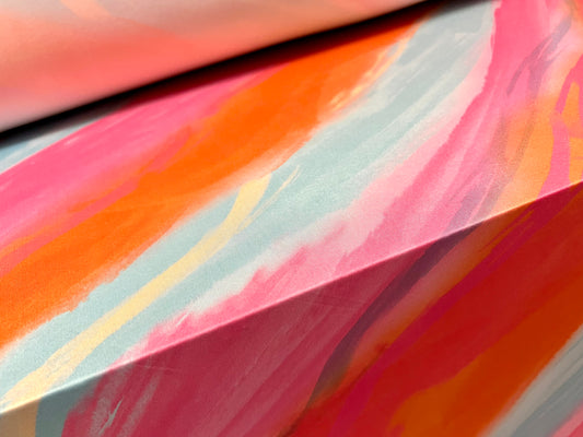 Soft touch stretch spandex single Jersey fabric, per metre - bias paint swirl print - orange pink & turquoise