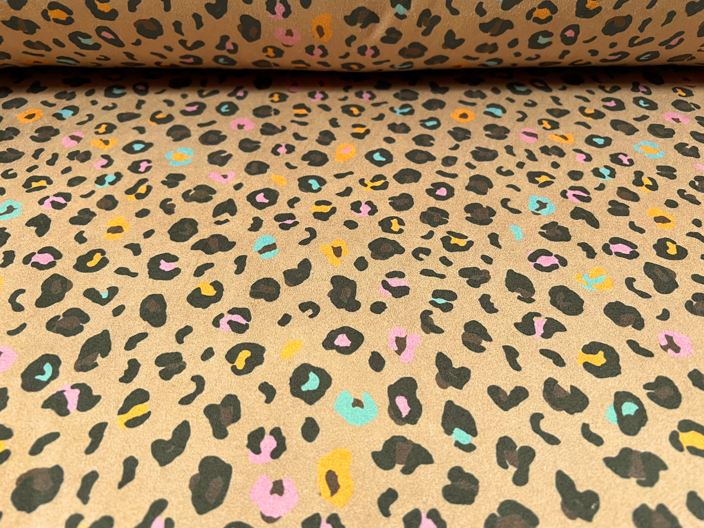 Faux suede stretch spandex jersey fabric, per metre - funky leopardskin print - light brown pink & blue