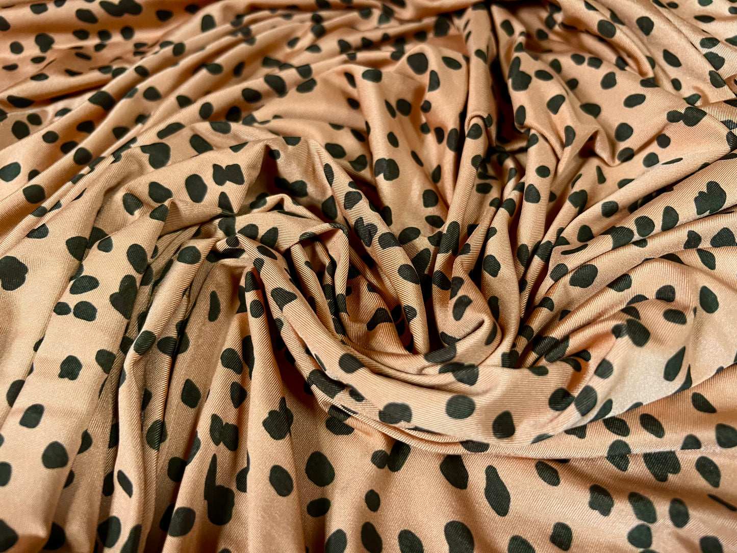 Soft touch stretch spandex single jersey fabric, per metre - Dalmatian animal print - light brown