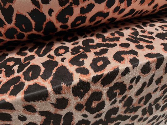 Faux suede stretch spandex jersey fabric, per metre - cheetah animal print - dusky pink