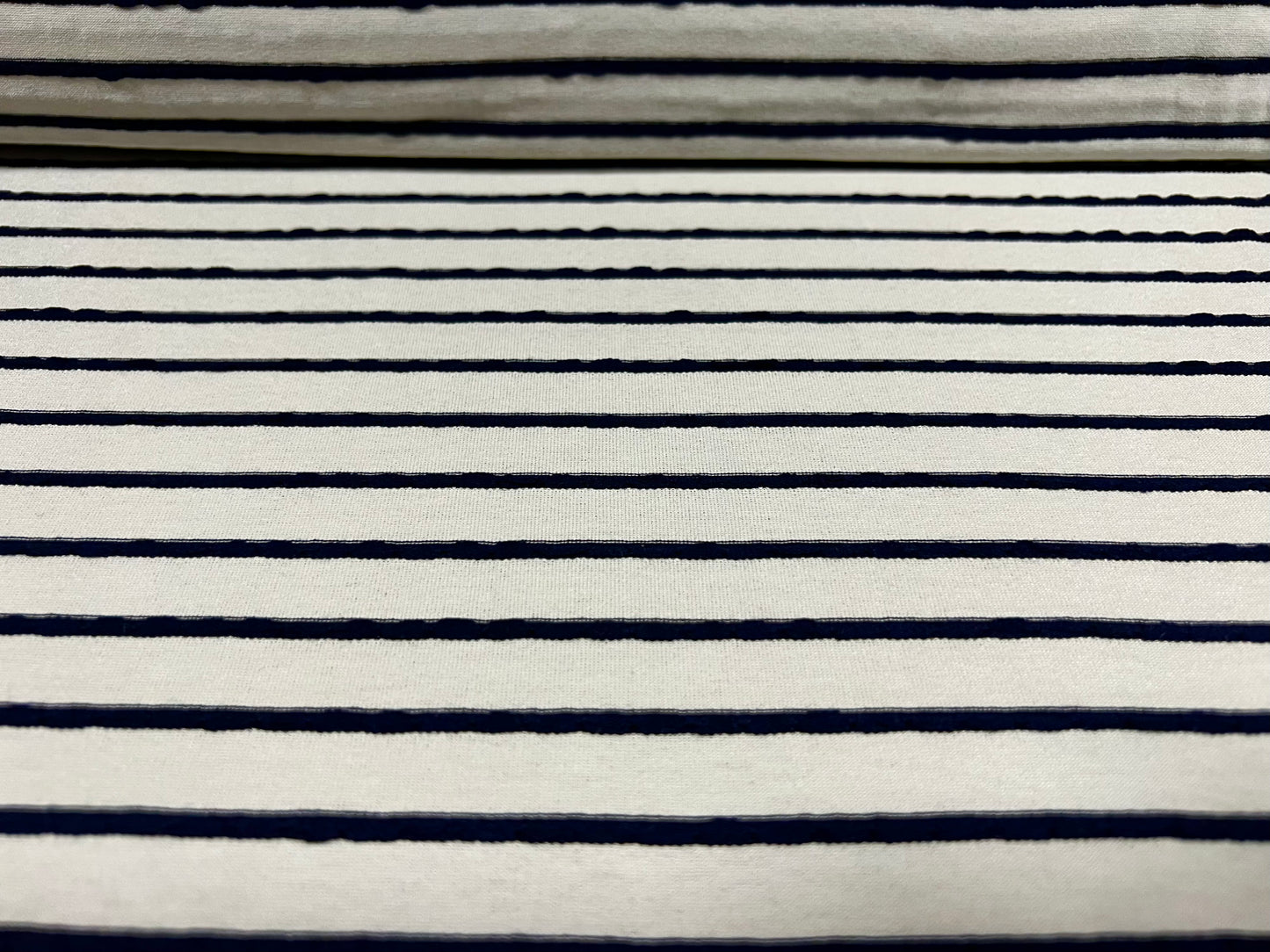 Viscose spandex stretch single jersey fabric, per metre - raised pinstripe - ivory & black