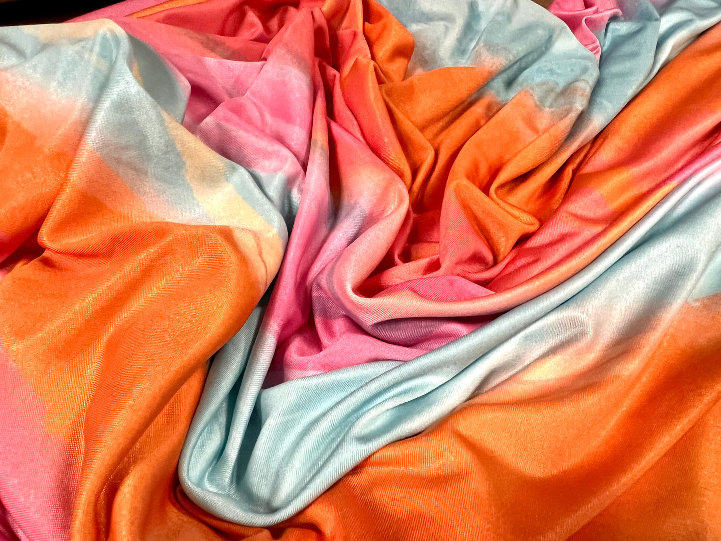 Soft touch stretch spandex single Jersey fabric, per metre - bias paint swirl print - orange pink & turquoise