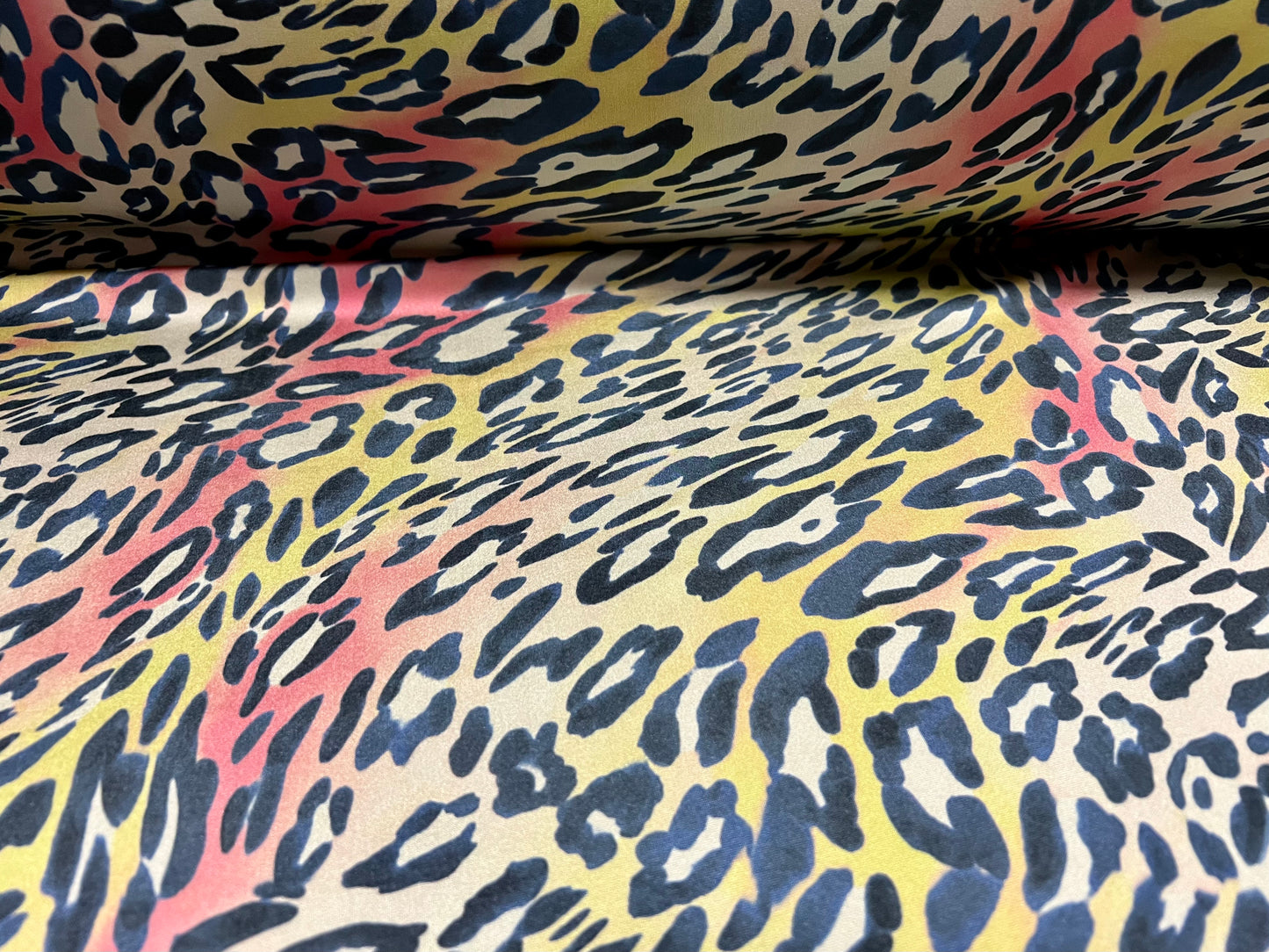 Swimwear stretch spandex jersey fabric, per metre - stylised leopardskin print - sage mustard & pink