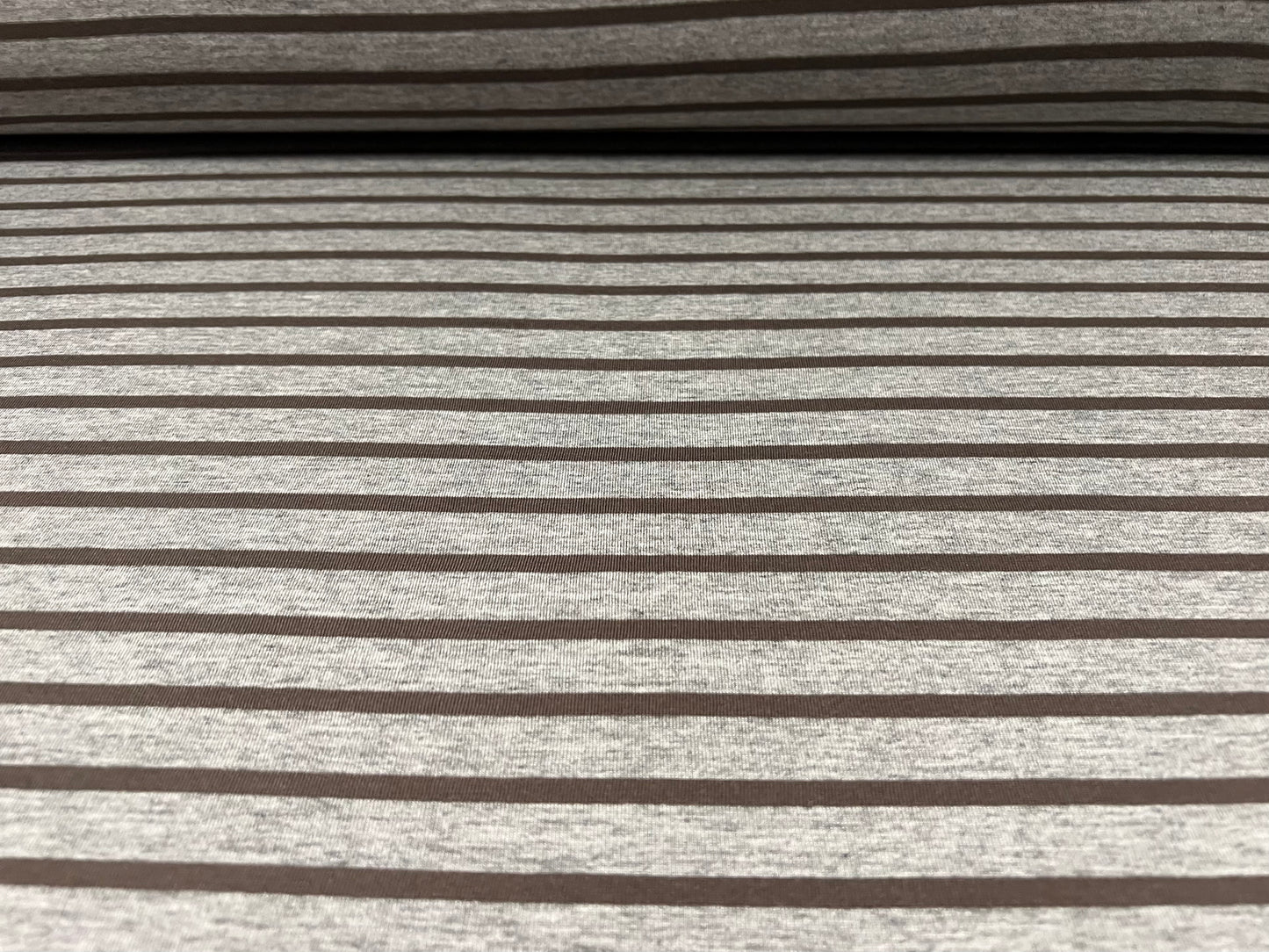 Viscose spandex stretch single jersey fabric, per metre - stripe - grey marl & khaki