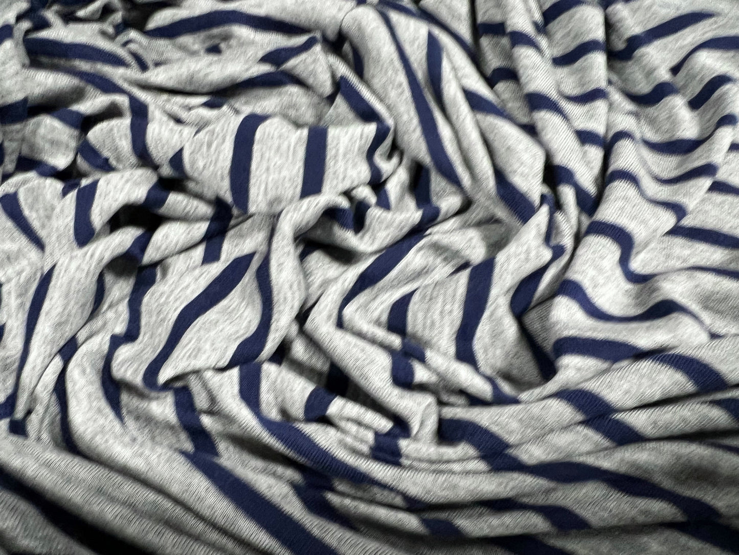 Viscose spandex stretch single jersey fabric, per metre - stripe - navy blue & grey marl