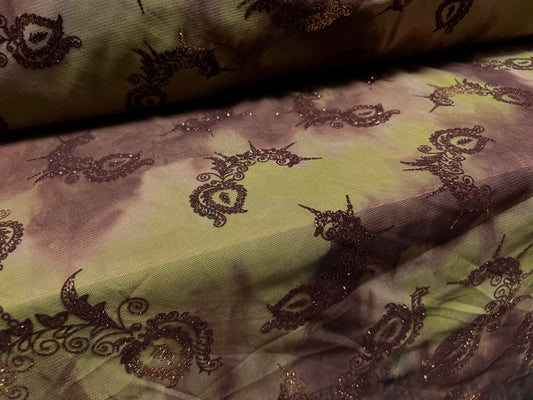 Chiffon jersey lightweight dress blouse fabric, per metre - tie dye paisley glitter print - Olive & brown