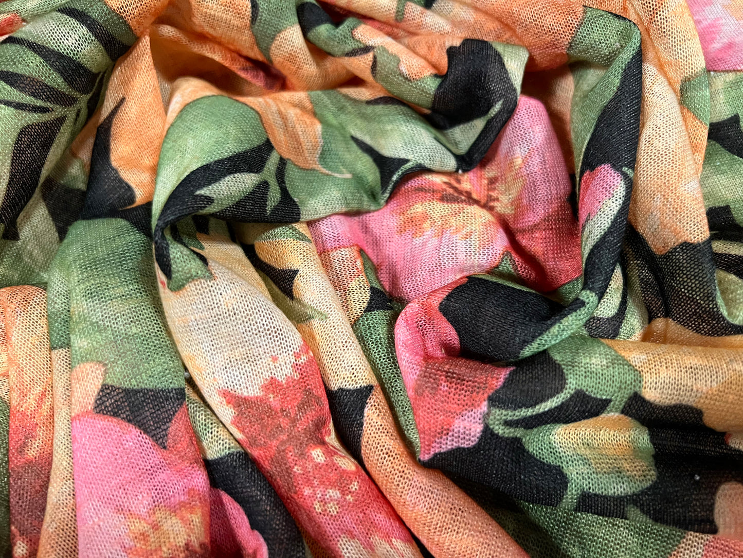 Thick & thin single jersey fashion fabric, per metre - amaryllis flower print - black & peach