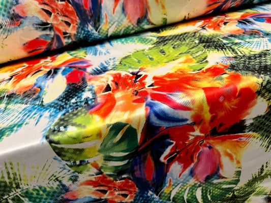 Single jersey fashion fabric, per metre - jungle flower print - multicolour