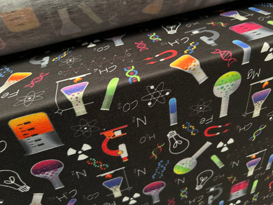 Soft handle stretch single jersey fabric, per metre - mad science print