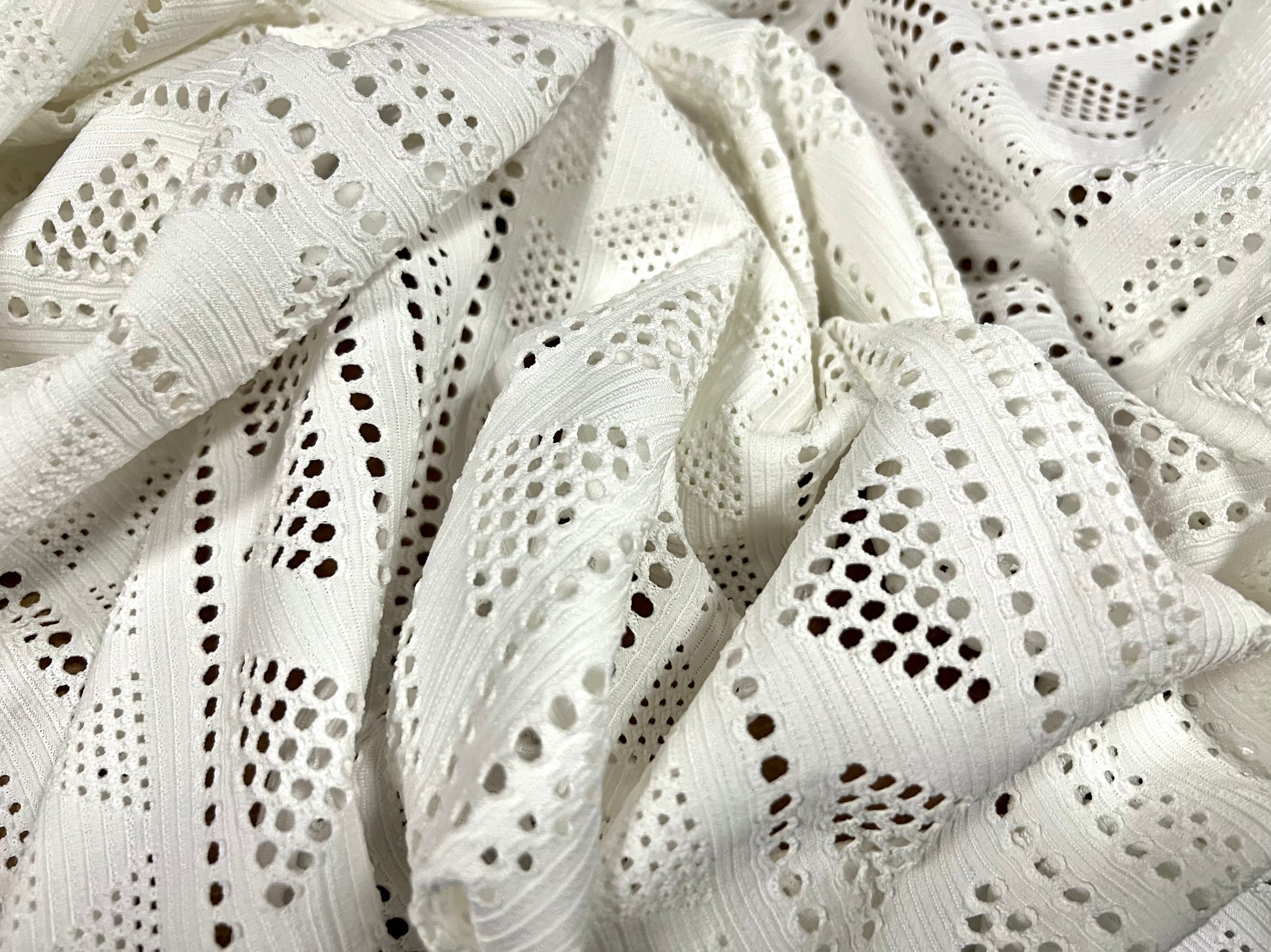 Stretch Spandex Crochet Lace Jersey Dress Fabric, per Metre Diamond Stripe  Design Ivory 