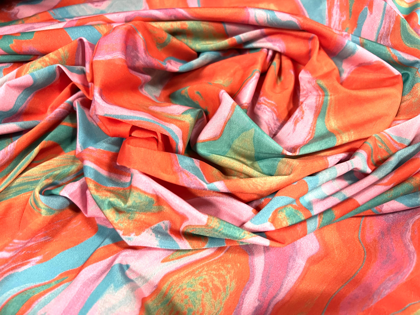 ITY stretch spandex single Jersey fabric, per metre - paint swirl print - orange lilac & turquoise