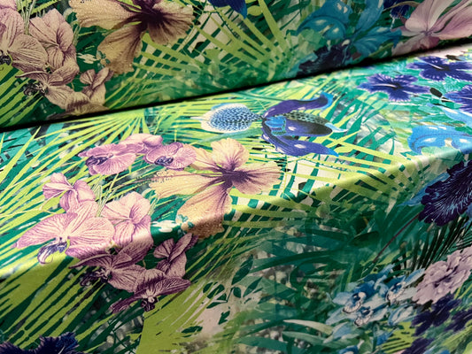 Valentino crepe spandex jersey fabric - similar to scuba - per metre - jungle flower print - green & lilac