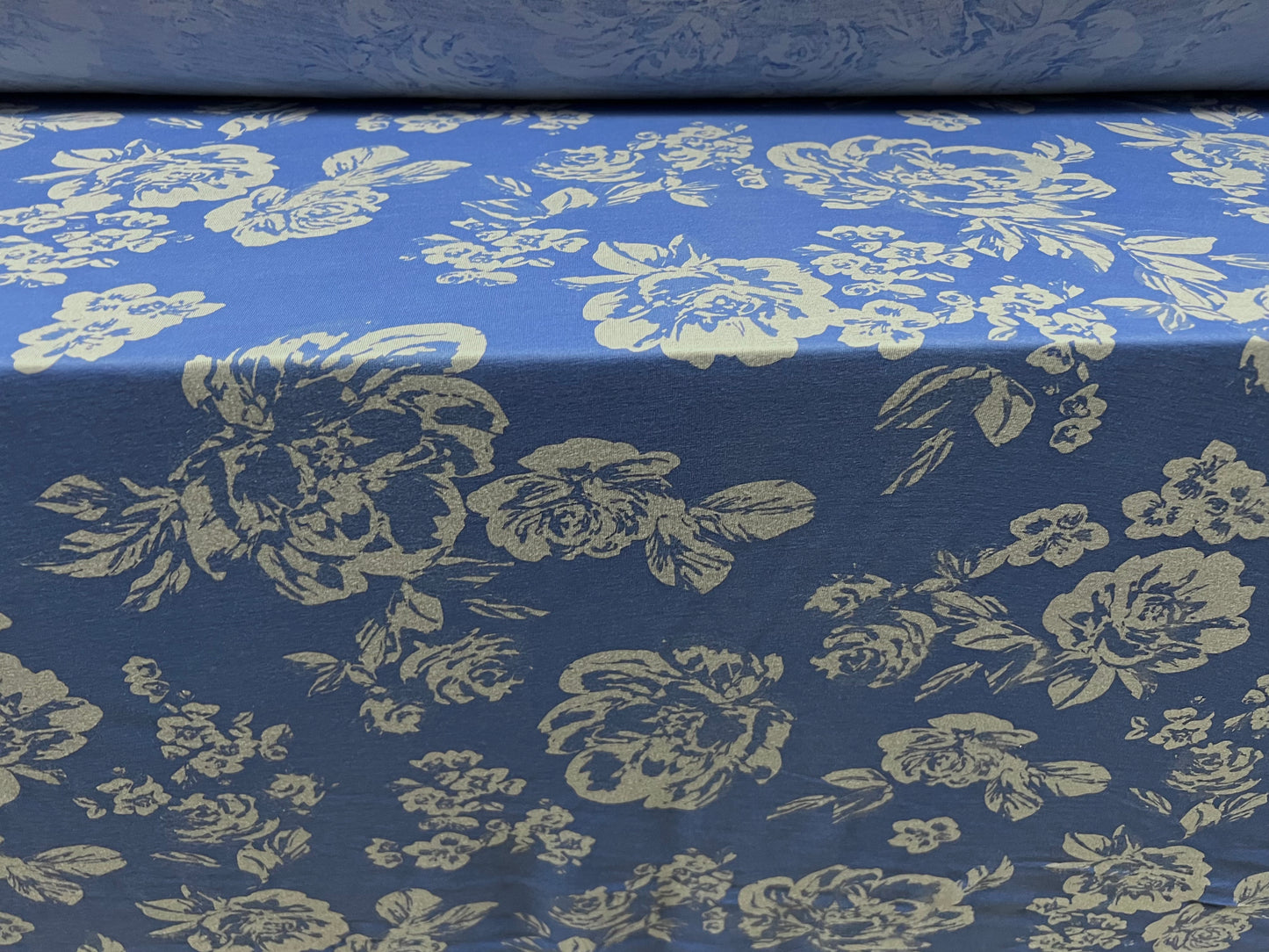 Soft handle stretch single jersey fabric, per metre - rose flower print - blue on blue