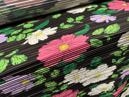 Plissé pleated dress fabric, per metre - flower print - black pink & green