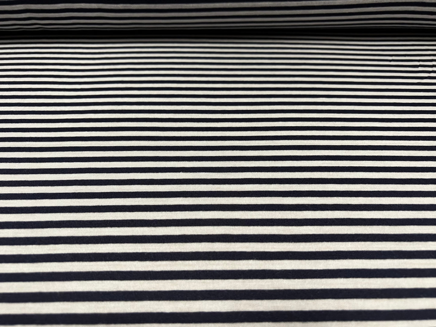 Viscose spandex stretch single jersey fabric, per metre - stripe - midnight & ivory