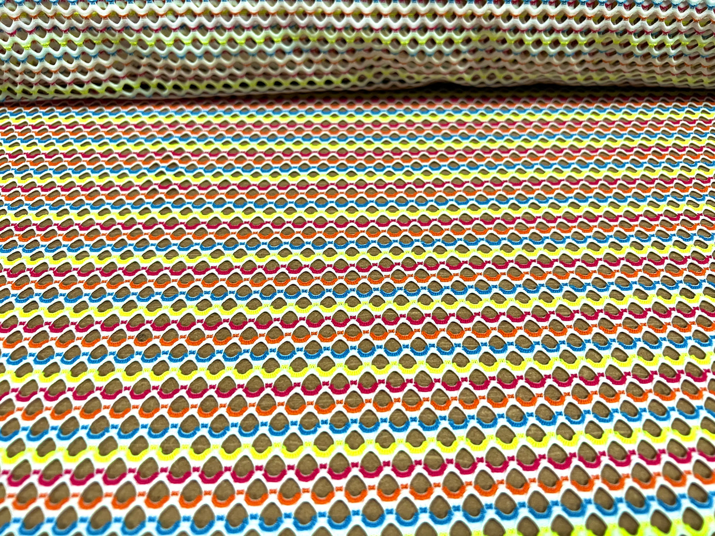 Fishnet stretch spandex mesh jersey fabric, per metre - multicolour stripe - lime orange & raspberry