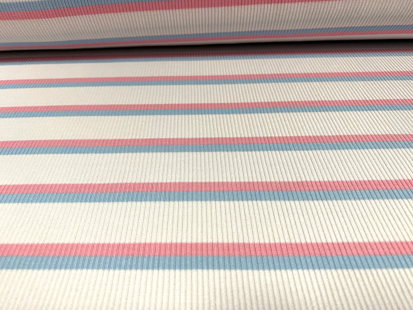 Stretch Spandex rib jersey fabric, per metre - Neapolitan stripe - white pink blue pastel