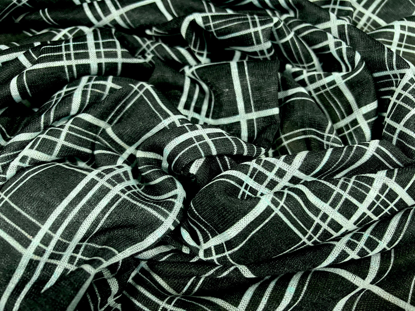 Thick & thin single jersey fashion fabric, per metre - matrix check print - black & turquoise